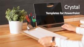  Presentation with desk - Beautiful PPT theme featuring self development - young female working sitting backdrop and a dark gray colored foreground