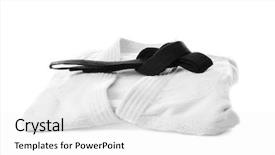  Presentation with karate - Cool new slide deck with karate uniform with black belt on white background backdrop and a white colored foreground
