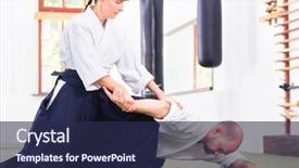  Presentation with aikido - Colorful slide set enhanced with training in martial arts school backdrop and a navy blue colored foreground