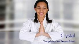  Presentation with teen girl - Beautiful PPT theme featuring minority athlete - teen girl doing karate backdrop and a sky blue colored foreground