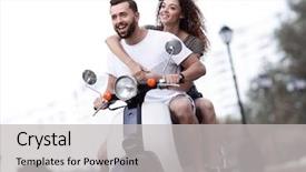 Presentation with vintage - Cool new PPT theme with self driving - happy cheerful couple riding vintage backdrop and a light gray colored foreground
