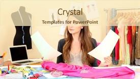  Presentation with beautiful sheet of cannabis marijuana - Theme with self employment - beautiful young dressmaker in workroom background and a cream colored foreground