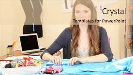  Presentation with beautiful young woman getting face - Presentation design with self employment - beautiful young dressmaker in workroom background and a lemonade colored foreground
