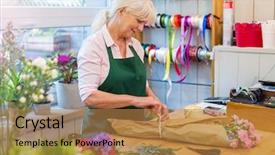  Presentation with self - Presentation design featuring self employment - woman working in florist shop background and a coral colored foreground