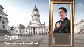  Presentation with frame - PPT theme having self esteem - smiling man holding a frame background and a gray colored foreground