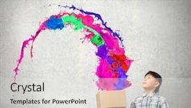  Presentation with box carton - Audience pleasing theme consisting of self expression - young boy splashing colorful paint backdrop and a  colored foreground
