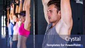  Presentation with children doing kids gym - Slides having self focused - man doing chin-ups while hanging background and a  colored foreground