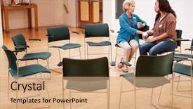  Presentation with community meeting - Presentation design consisting of self help group - two women talking after meeting background and a  colored foreground