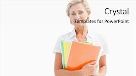  Presentation with student farewell - Slides with self improvement - happy mature student holding notebooks background and a  colored foreground