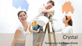  Presentation with home improvement - PPT theme having self improvement - young couple and friend improving background and a coral colored foreground