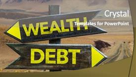  Presentation with debt reduction - Presentation design featuring self interest - wealth - debt signpost background and a  colored foreground