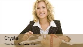  Presentation with working woman - Beautiful slides featuring self management - blonde woman working backdrop and a coral colored foreground