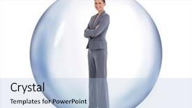  Presentation with bubble - Colorful theme enhanced with self management - smiling businesswoman is standing backdrop and a light blue colored foreground