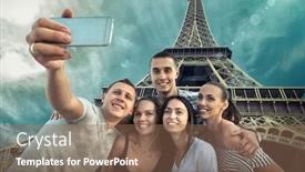  Presentation with world travel - Beautiful slide deck featuring self of group friends on the one of the most popular travel place in world - eiffel tower backdrop and a violet colored foreground