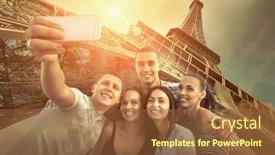  Presentation with world travel - Colorful presentation design enhanced with self of group friends on the one of the most popular travel place in world - eiffel tower backdrop and a tawny brown colored foreground