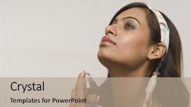  Presentation with perfume analysis - Beautiful presentation theme featuring self perception - woman applying perfume backdrop and a  colored foreground