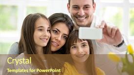 Presentation with self - Audience pleasing PPT theme consisting of self portrait of happy young family backdrop and a tawny brown colored foreground