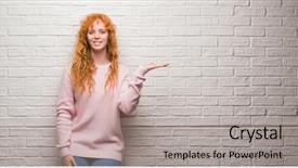  Presentation with hand palm - Presentation featuring self presentation - young redhead woman standing background and a light gray colored foreground
