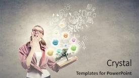  Presentation with story book - Beautiful PPT theme featuring self story - young funny girl with opened backdrop and a  colored foreground