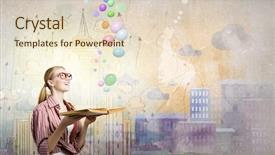  Presentation with story book conceptual open - Amazing PPT theme having self story - young funny girl with opened backdrop and a  colored foreground