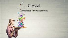  Presentation with open book spiral - Beautiful presentation theme featuring self story - young funny girl with opened backdrop and a  colored foreground