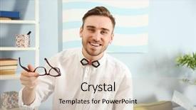  Presentation with blonde holding magnifying glass - Colorful PPT layouts enhanced with self story - young male blogger holding glasses backdrop and a lemonade colored foreground