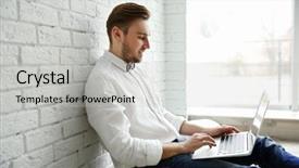  Presentation with young man holdng laptop on lap money - PPT layouts consisting of self story - young male blogger using laptop background and a light gray colored foreground