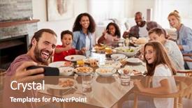  Presentation with families - PPT theme consisting of selfie as they enjoy meal background and a coral colored foreground