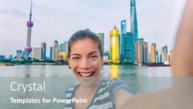  Presentation with china travel - Audience pleasing theme consisting of selfie asian tourist chinese woman china travel smiling young girl excited holding smartphone camera to take a picture with phone of herself in front of shanghai's skyline of skycrapers backdrop and a gray colored foreground
