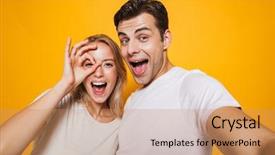  Presentation with young happy couple - Amazing PPT layouts having selfie by camera showing okay backdrop and a coral colored foreground