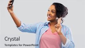  Presentation with african american in technology - Presentation theme consisting of selfie by smartphone and showing background and a light gray colored foreground