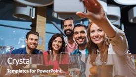  Presentation with happy holidays - Presentation design featuring selfie by smartphone at restaurant background and a tawny brown colored foreground