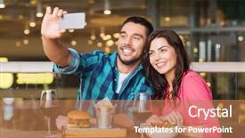  Presentation with people mobile technology - Audience pleasing presentation theme consisting of selfie by smartphone at restaurant backdrop and a coral colored foreground