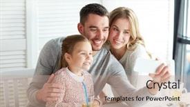  Presentation with restaurant family - Slides enhanced with selfie by smartphone at restaurant background and a coral colored foreground