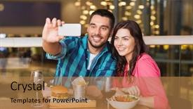  Presentation with 5g technology - Audience pleasing PPT theme consisting of selfie by smartphone at restaurant backdrop and a coral colored foreground