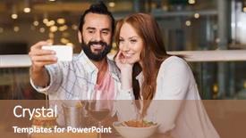  Presentation with happy holidays - Audience pleasing PPT layouts consisting of selfie by smartphone at restaurant backdrop and a  colored foreground