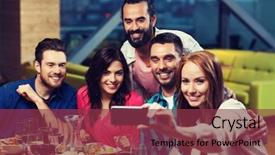  Presentation with happy holidays - Amazing PPT theme having selfie by smartphone at restaurant backdrop and a violet colored foreground