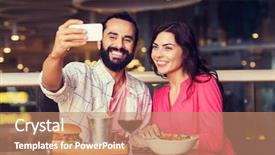  Presentation with happy holidays - Colorful PPT theme enhanced with selfie by smartphone at restaurant backdrop and a coral colored foreground