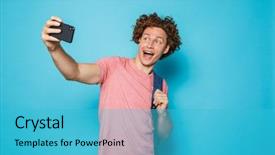  Presentation with curly hair - Theme with selfie isolated over blue background background and a teal colored foreground