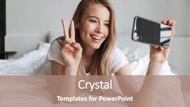  Presentation with mobile phone in woman hand - Slides featuring selfie looking aside showing peace background and a coral colored foreground