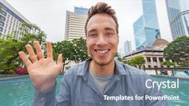  Presentation with video conference - Presentation theme consisting of selfie man waving hello talking camera chatting online video conference recording videoblog vlog vlogging social media app young people trave lifestyle hong kong china asia background and a ocean colored foreground
