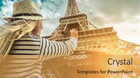  Presentation with woman world - Colorful PPT layouts enhanced with landmarks humanities - woman tourist selfie near backdrop and a yellow colored foreground