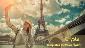  Presentation with woman world - PPT theme with touristic place in the world background and a tawny brown colored foreground