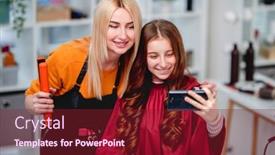  Presentation with girl model - Cool new slide set with selfie-of-hairdresser-blond-woman backdrop and a violet colored foreground