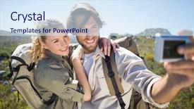  Presentation with hiking mountain - PPT theme consisting of selfie on a sunny day background and a sky blue colored foreground