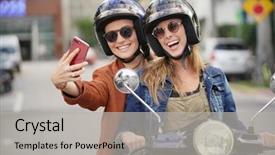  Presentation with women self defense martial arts - Audience pleasing presentation design consisting of selfie on scooter in city backdrop and a  colored foreground