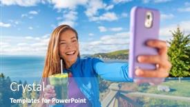  Presentation with vegan diet - Slide set having selfie phone asian girl social media influencer promoting health benefits of vegan diet green smoothie drink healthy detox juice woman drinking vegetable cleanse taking photo vlogging online outdoor background and a teal colored foreground