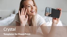  Presentation with mobile home - PPT theme enhanced with selfie talking looking aside waving background and a coral colored foreground