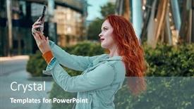  Presentation with social networks - Slide set with selfie-time-young-redhaired-blogger background and a seafoam green colored foreground