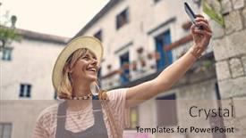  Presentation with selfie - Slide set featuring selfie-time-young-woman background and a coral colored foreground